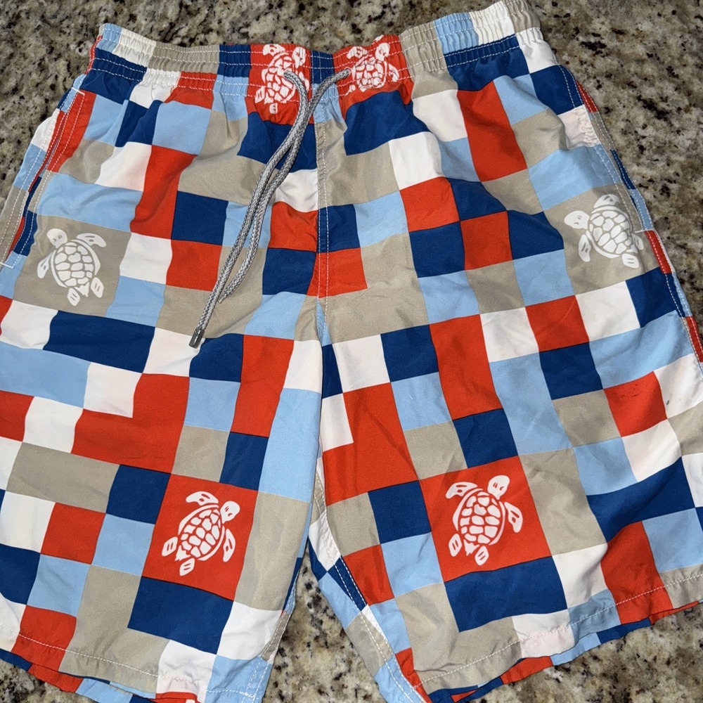 Vilebrequin Swim Trunks XL Turtle Logo Red Blue‎ Tan Grid | Luxury Resort 5220
